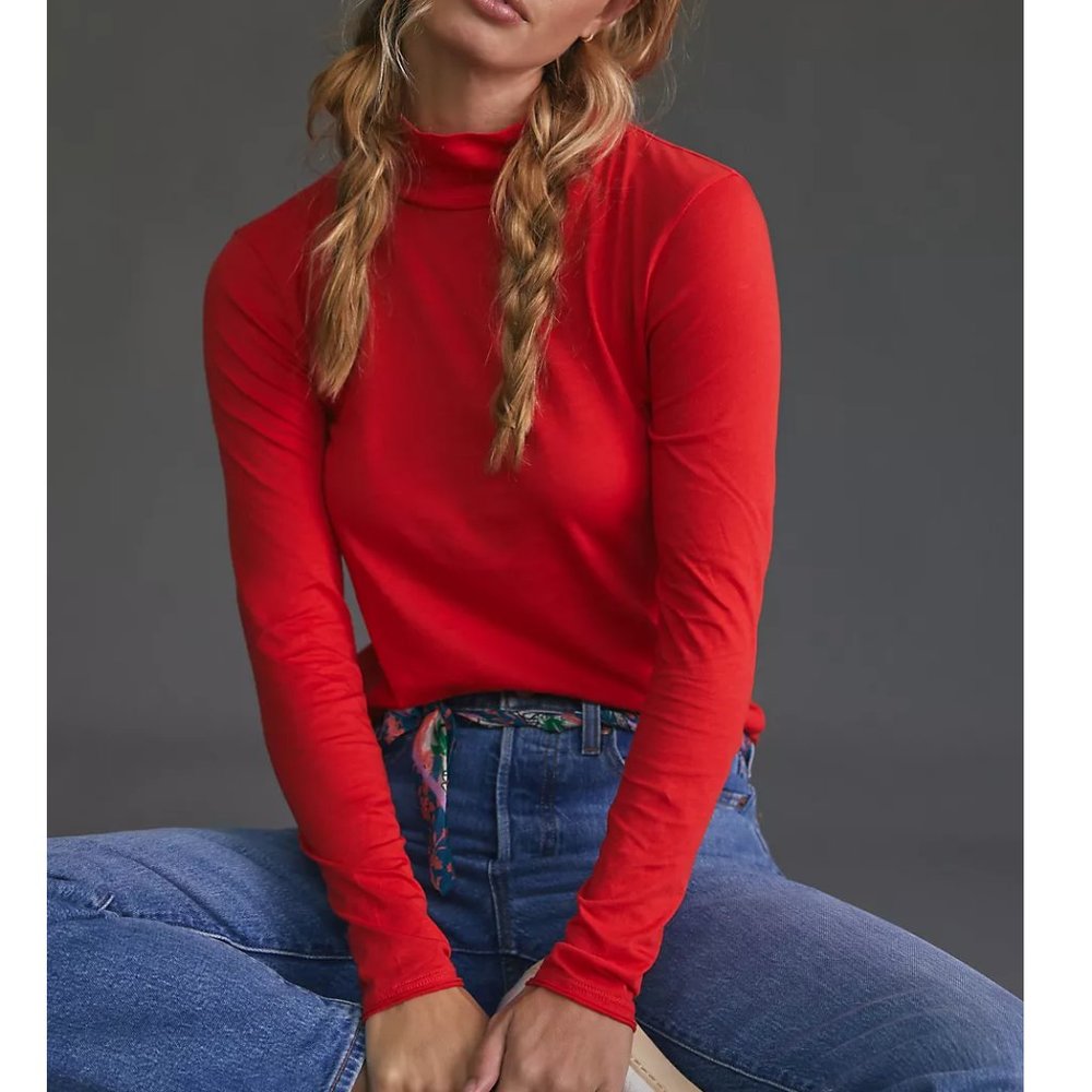 By Anthropologie Gauzy Mock-Neck Top Bright Red Large